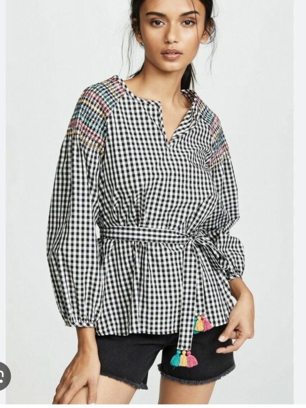 Madewell Black-and-White Gingham Tie-Waist Peplum Top with Multicolor Tassels